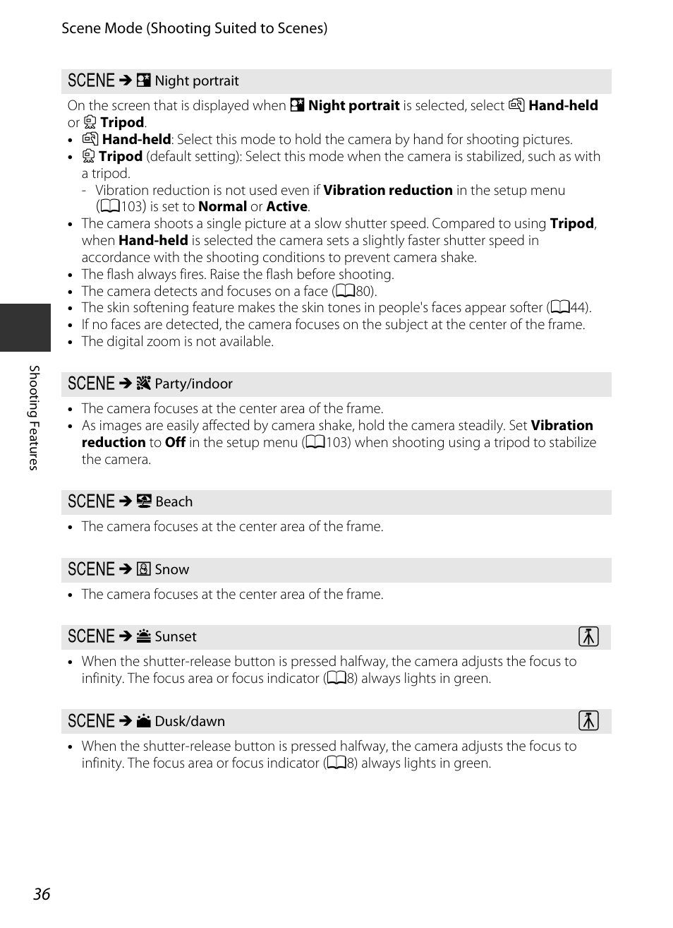 A36), Rty/indoor (a36), Sunset | Nikon P330 User Manual | Page 54 / 252