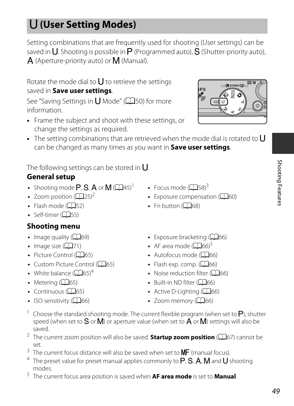 U (user setting modes), I (user setting modes), A49) | General setup shooting menu | Nikon P330 User Manual | Page 67 / 252