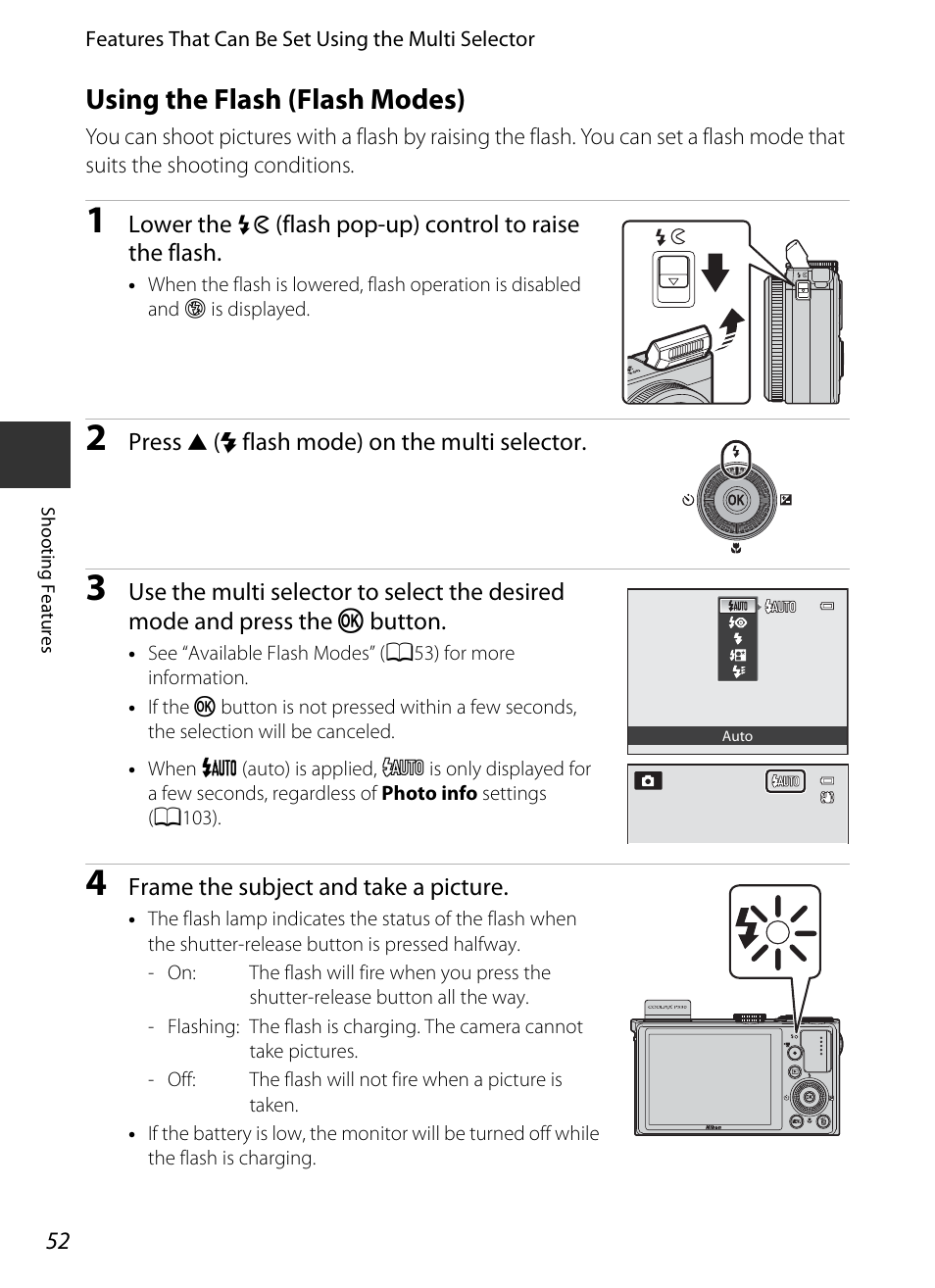 Using the flash (flash modes), A52) | Nikon P330 User Manual | Page 70 / 252