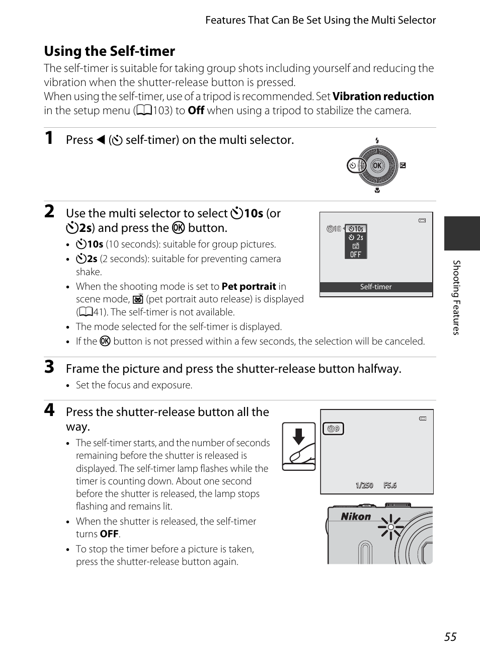 Using the self-timer, A55), Imer | Nikon P330 User Manual | Page 73 / 252