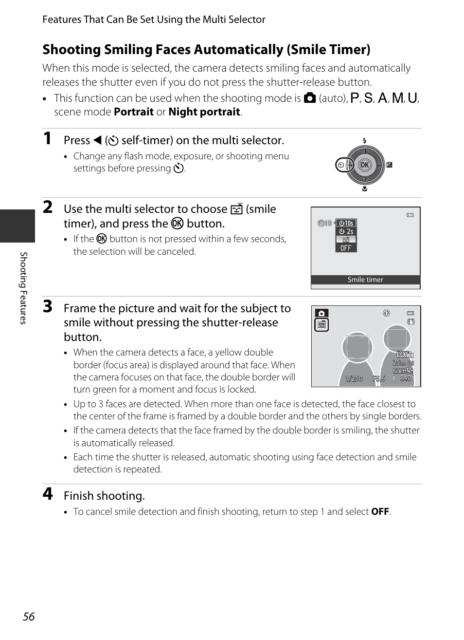 Shooting smiling faces automatically (smile timer), A56) | Nikon P330 User Manual | Page 74 / 252