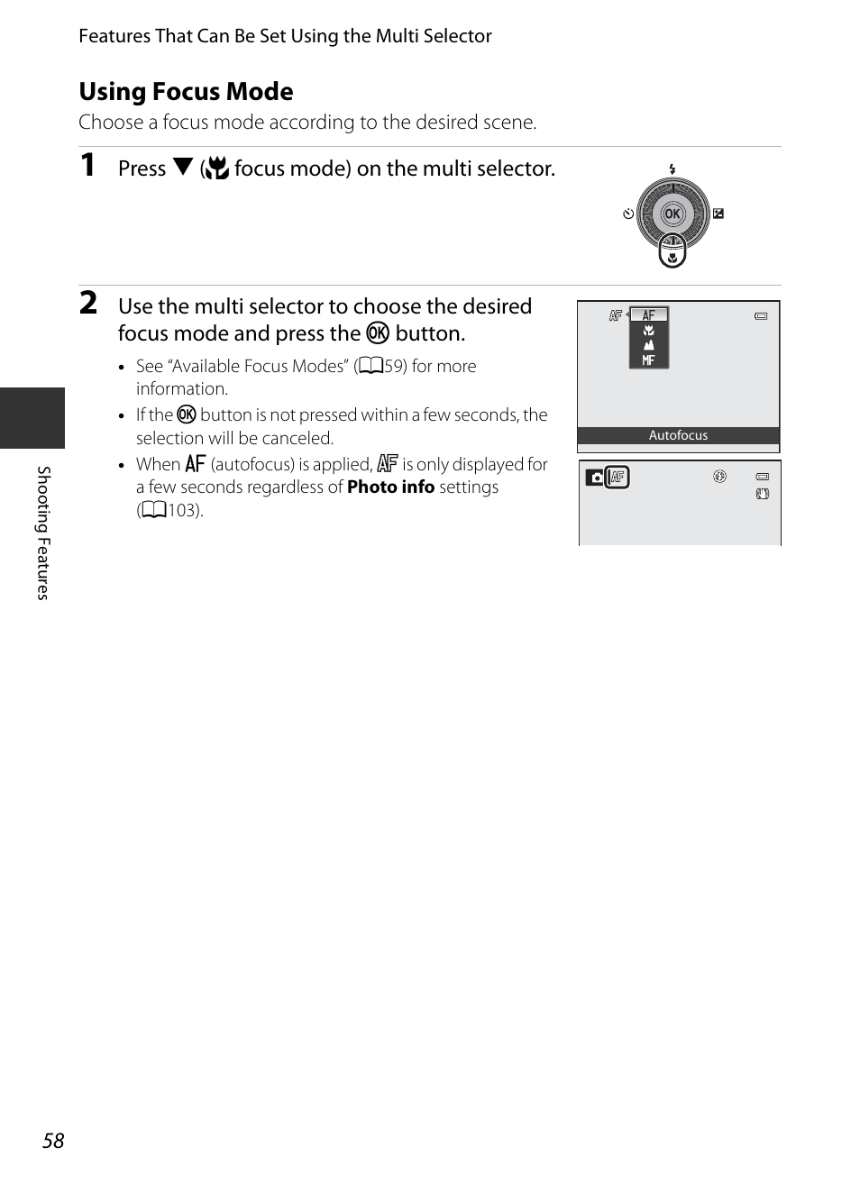 Using focus mode, A58) | Nikon P330 User Manual | Page 76 / 252