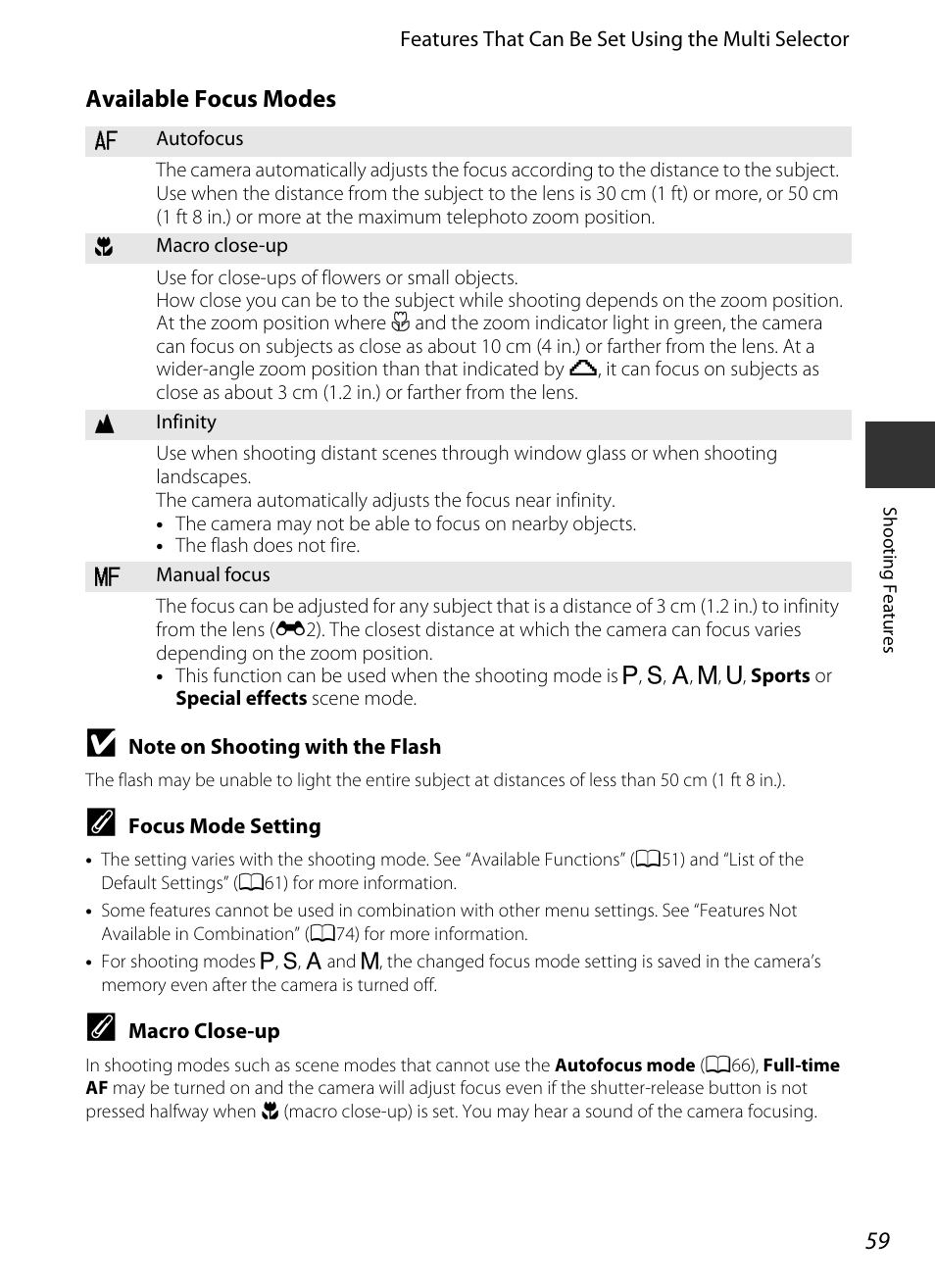 A59) in, Available focus modes | Nikon P330 User Manual | Page 77 / 252