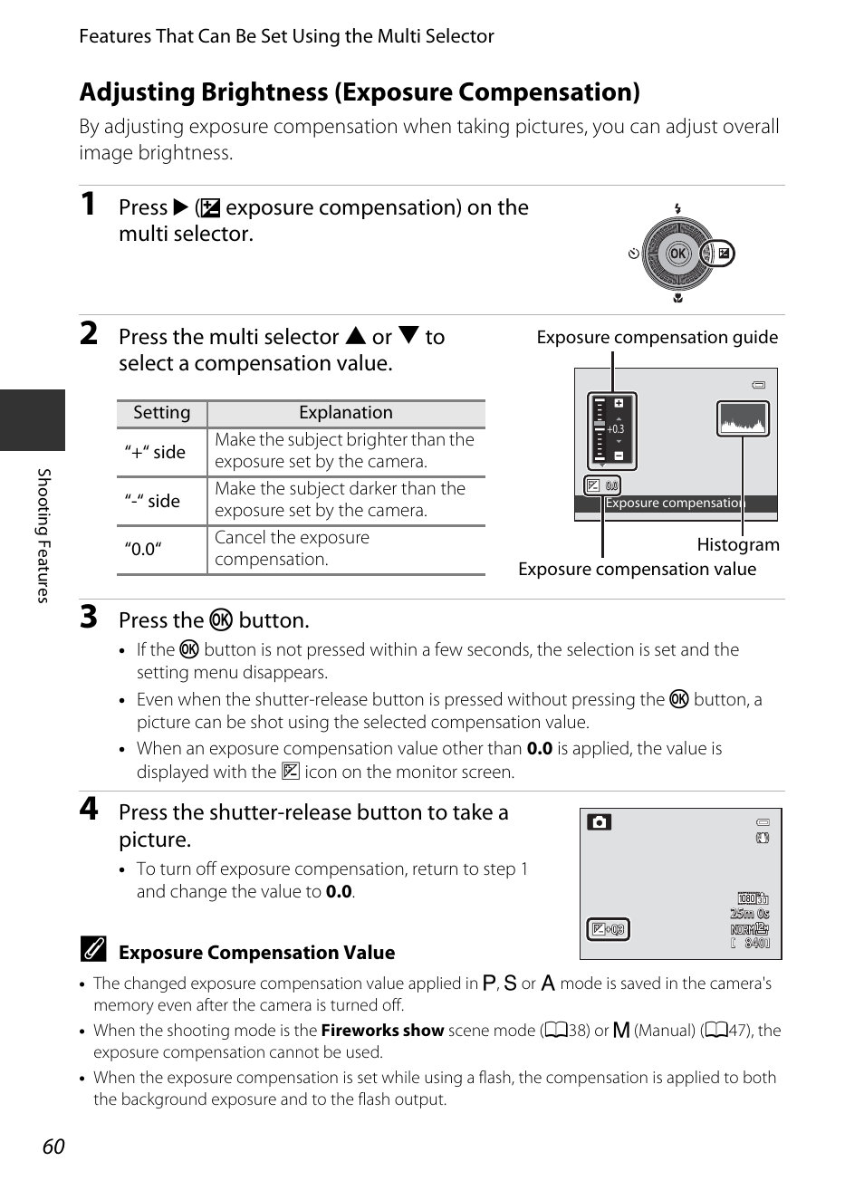 Adjusting brightness (exposure compensation), A60) | Nikon P330 User Manual | Page 78 / 252