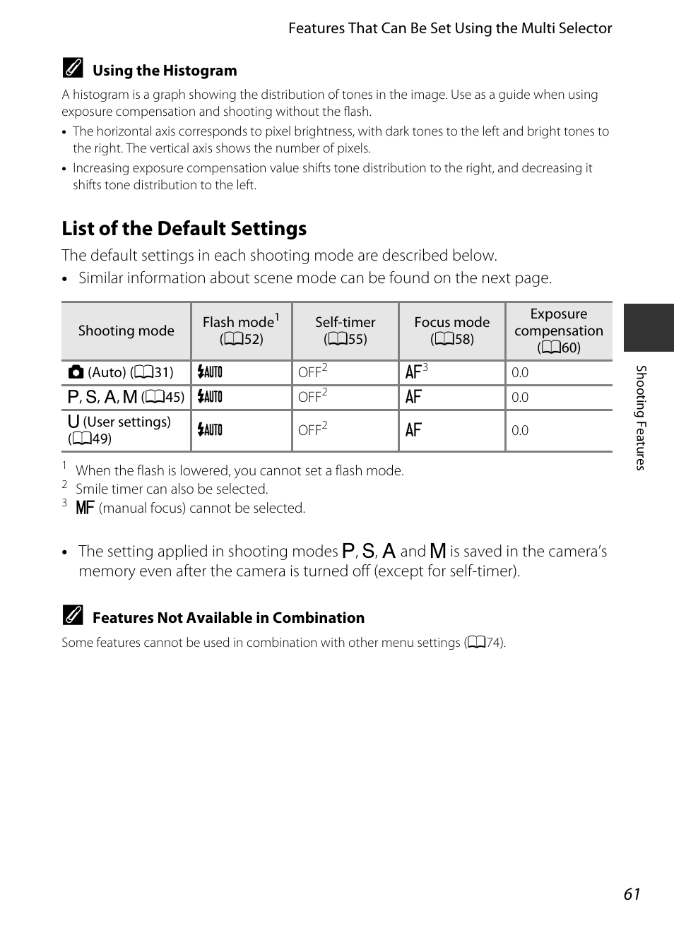 List of the default settings, E “list of the default settings, A61) for | D “list of the default, Settings, A61) f, D “list of the default settings” (a61) f, D “list of the, Default settings, A61) | Nikon P330 User Manual | Page 79 / 252