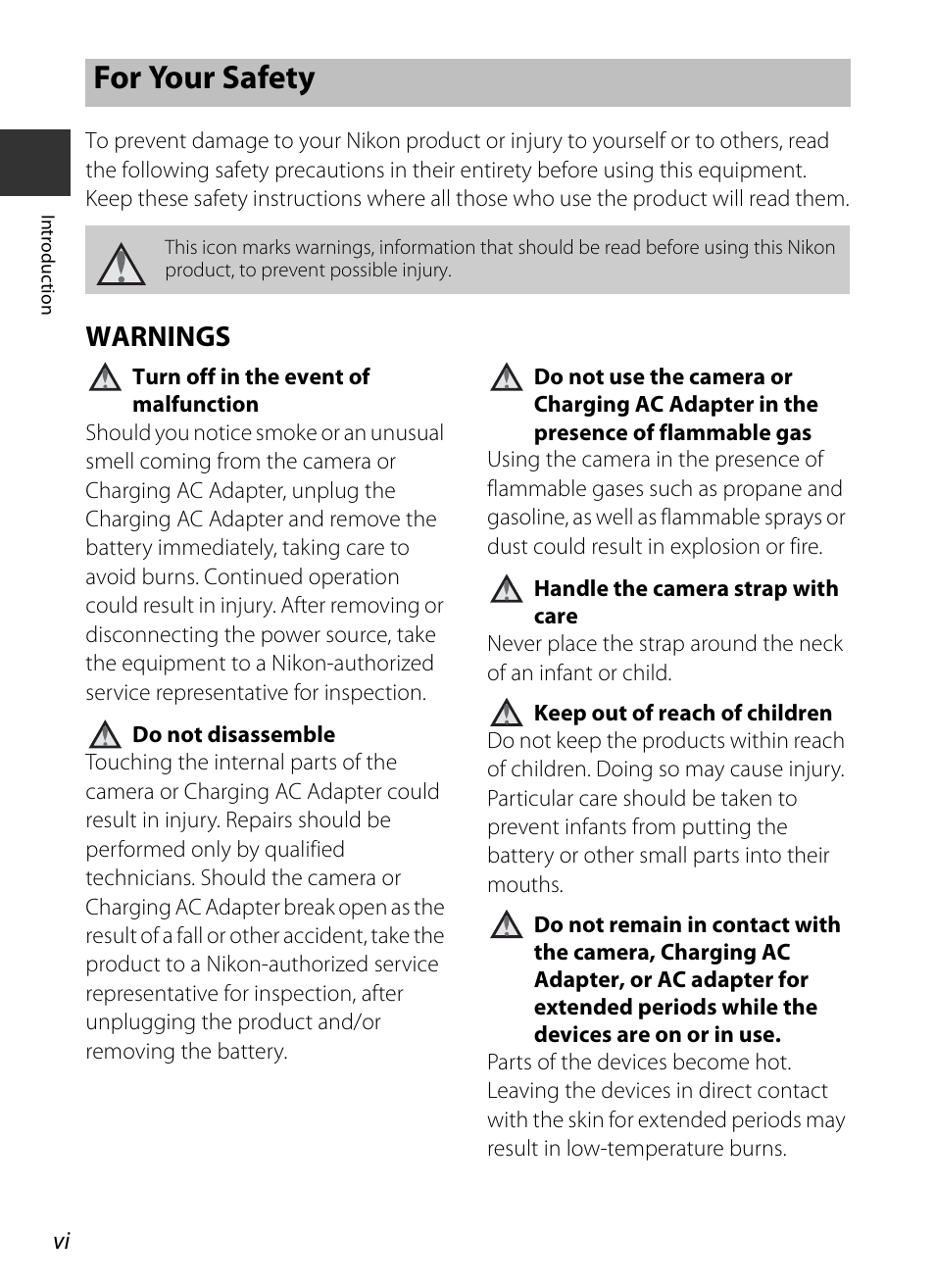 For your safety, Warnings | Nikon P330 User Manual | Page 8 / 252