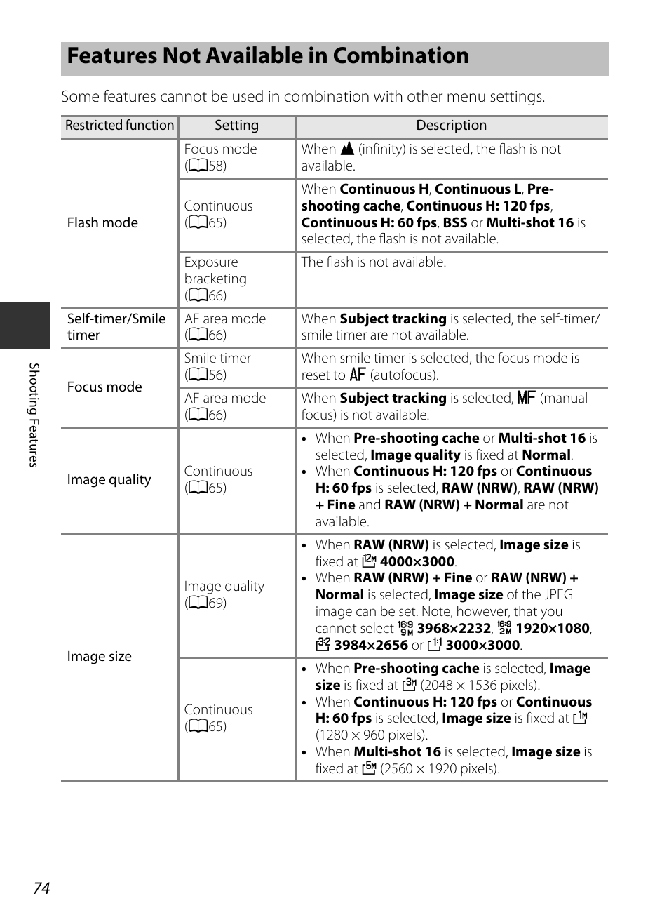 Features not available in combination, Features not, Available in combination | A74) | Nikon P330 User Manual | Page 92 / 252