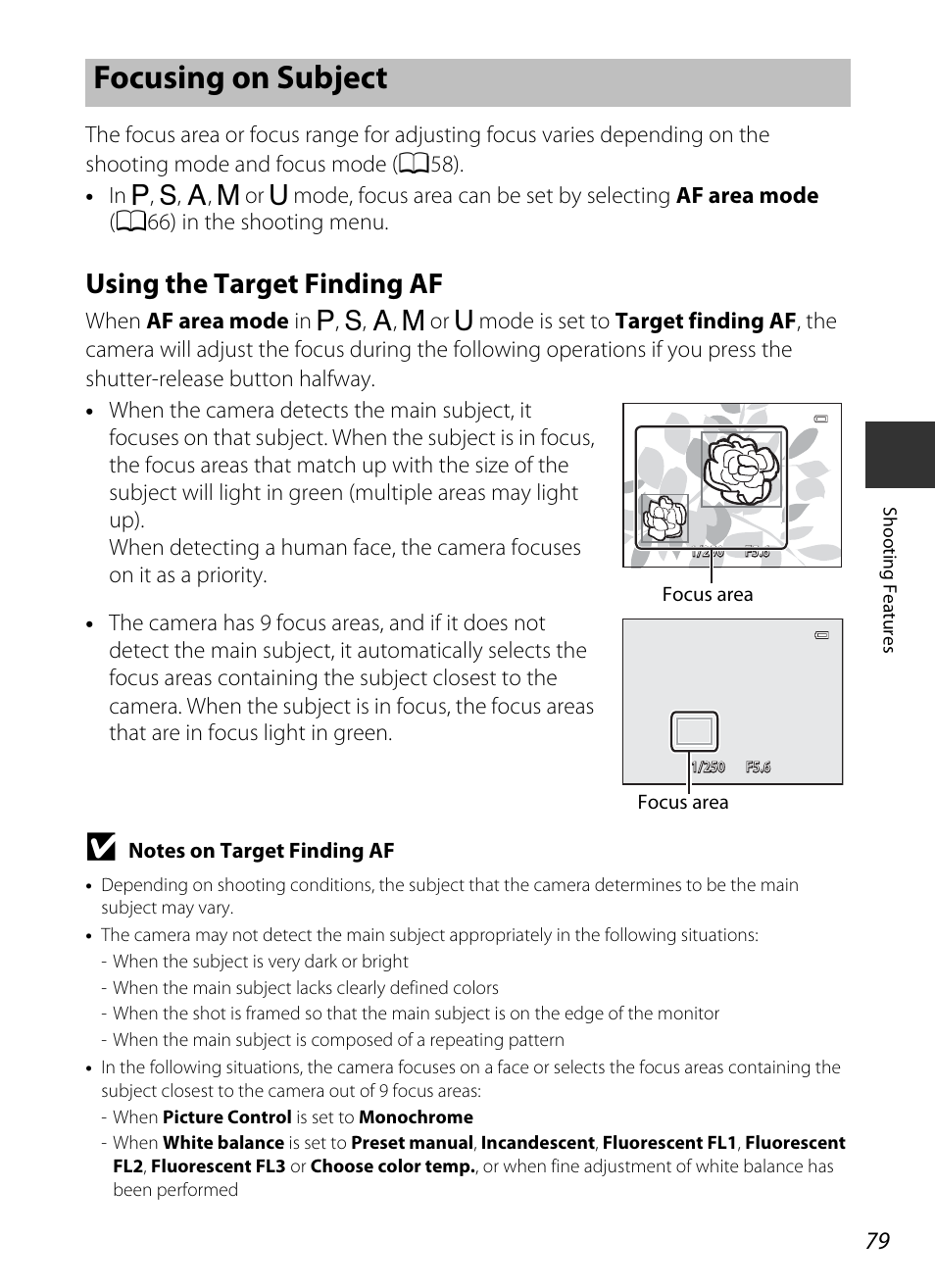 Focusing on subject, Using the target finding af, Ee “focusing on subject | A79) | Nikon P330 User Manual | Page 97 / 252