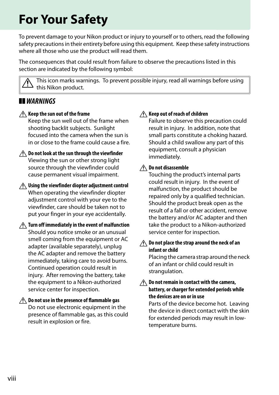 For your safety, 0 viii–xiv), Viii | Warnings a | Nikon D5300 User Manual | Page 10 / 300