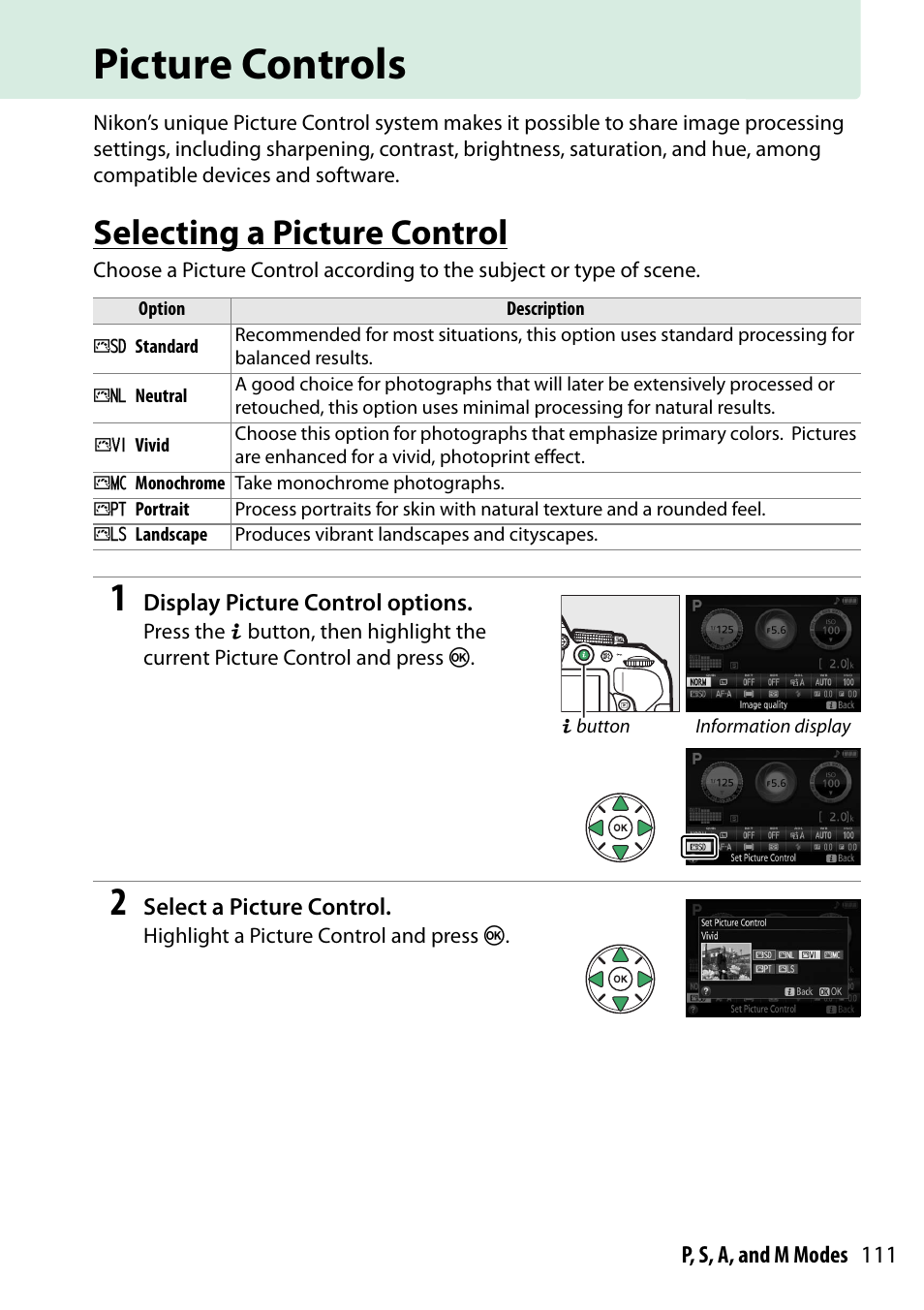 Picture controls, Selecting a picture control | Nikon D5300 User Manual | Page 131 / 300