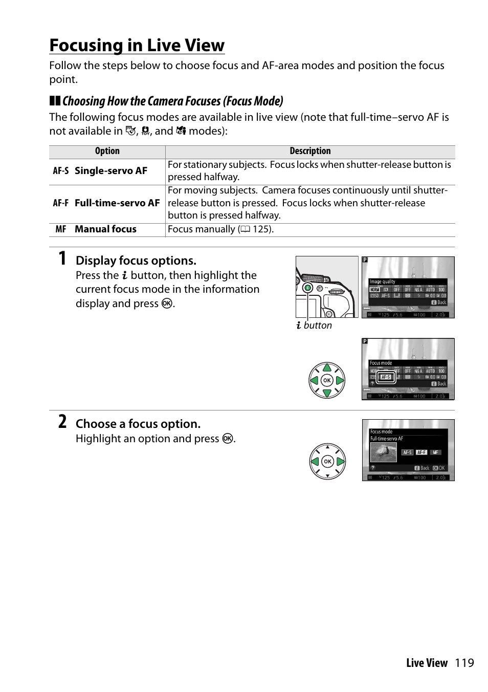 Focusing in live view, Choosing how the camera focuses (focus mode) | Nikon D5300 User Manual | Page 139 / 300
