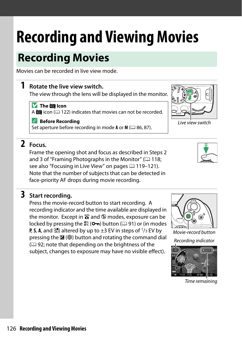 Recording and viewing movies, Recording movies, 126 f | Nikon D5300 User Manual | Page 146 / 300