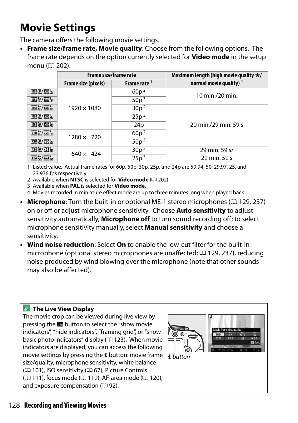 Movie settings, 0 128; the ar, Ge 128 | 128 recording and viewing movies | Nikon D5300 User Manual | Page 148 / 300