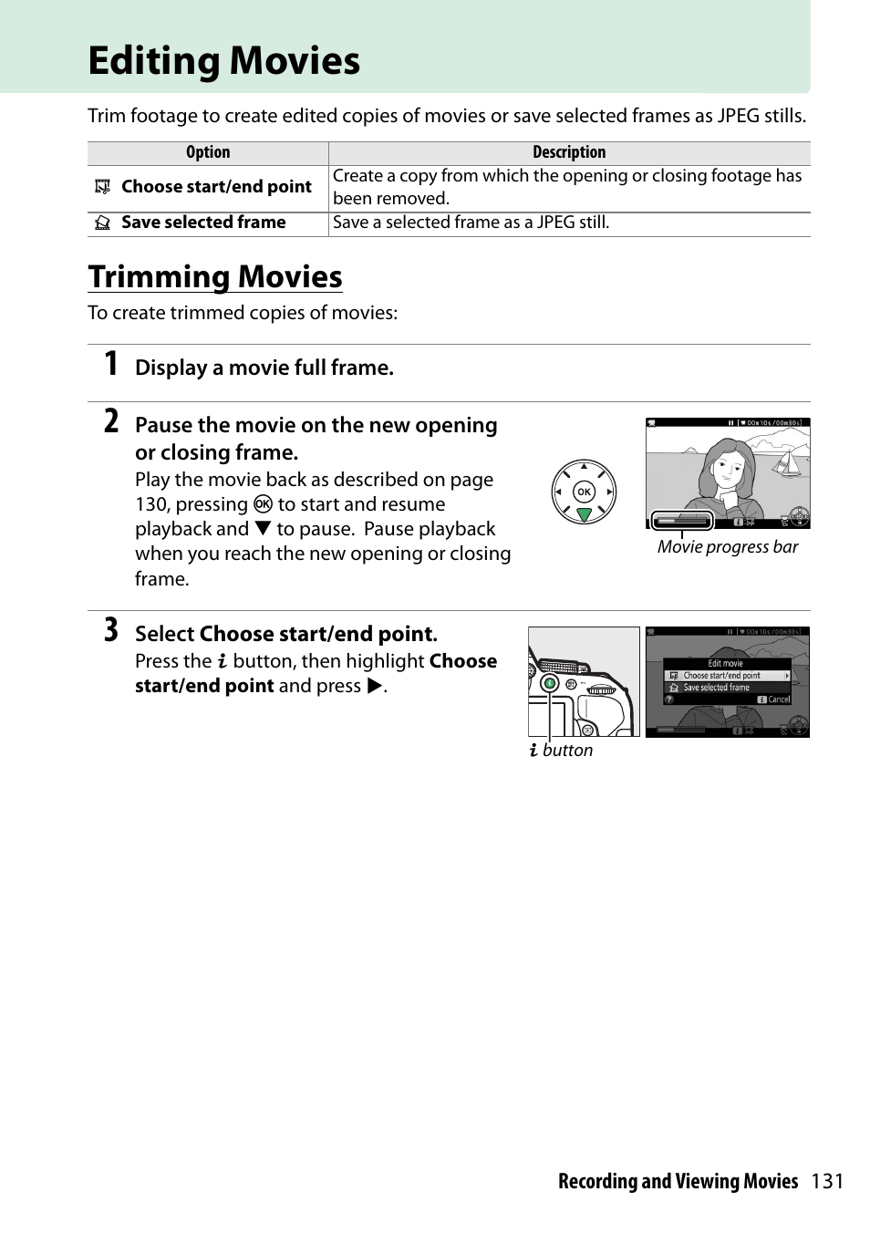 Editing movies, Trimming movies | Nikon D5300 User Manual | Page 151 / 300