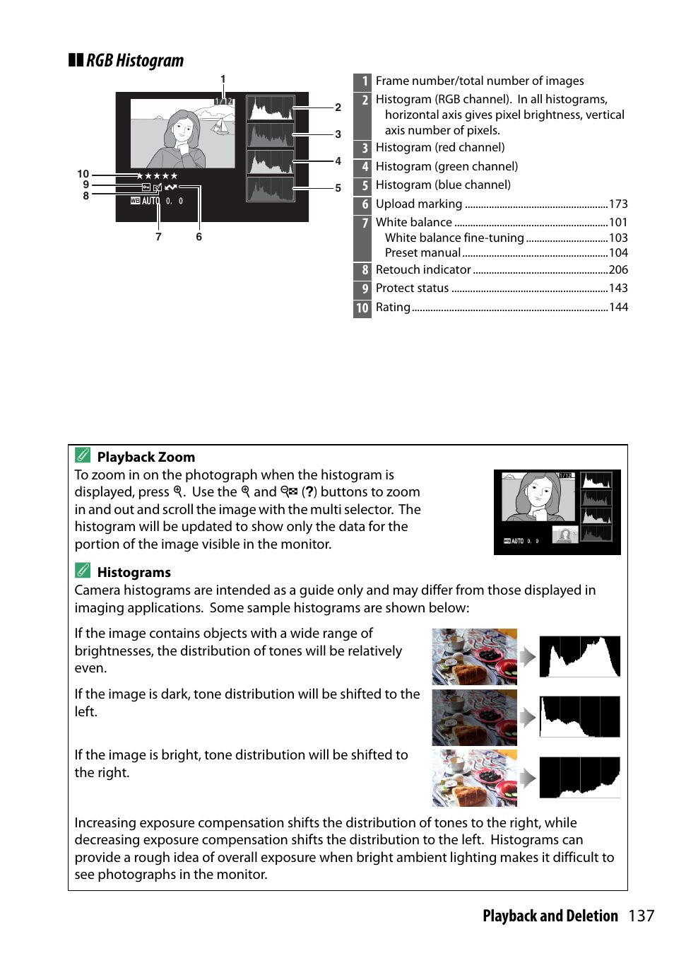 Rgb histogram, 137 playback and deletion | Nikon D5300 User Manual | Page 157 / 300