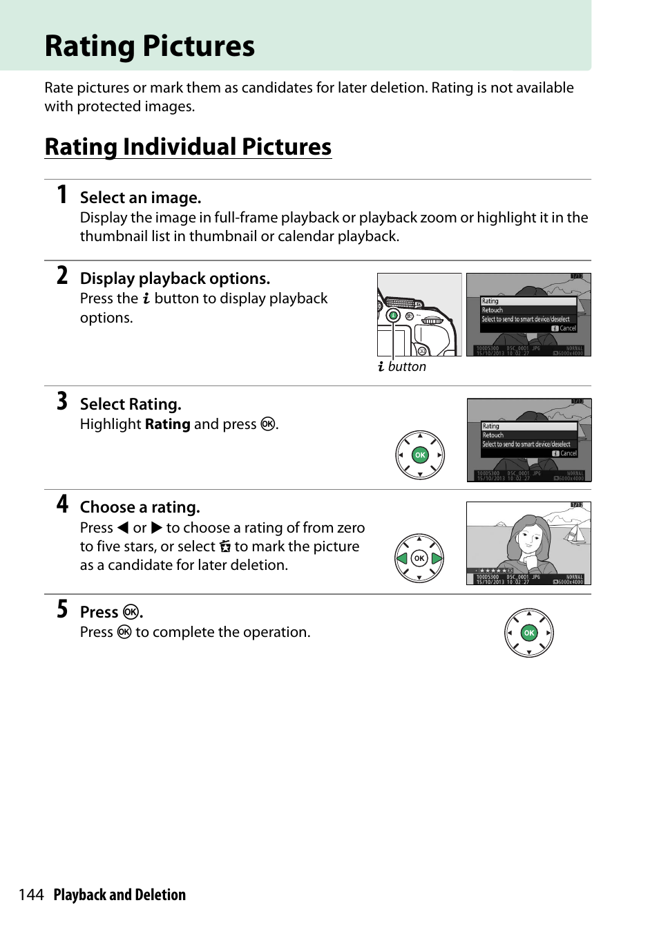 Rating pictures, Rating individual pictures, Ures | 0 144), r | Nikon D5300 User Manual | Page 164 / 300