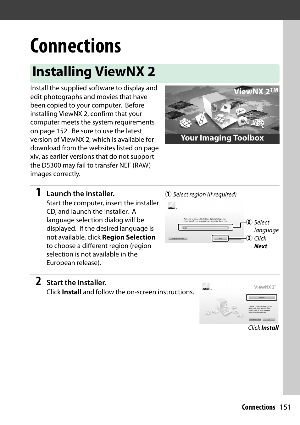 Connections, Installing viewnx 2 | Nikon D5300 User Manual | Page 171 / 300