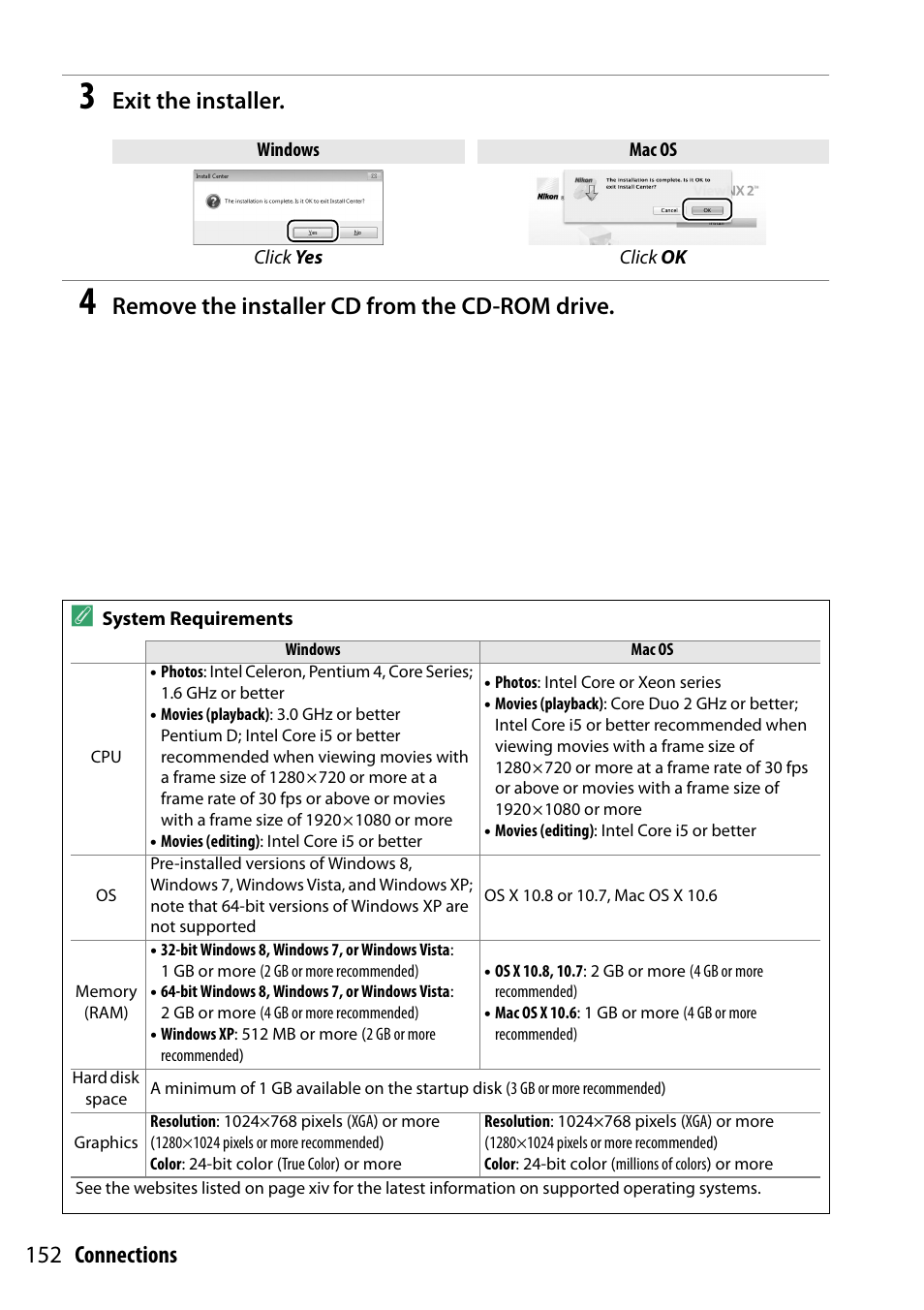 152 connections, Exit the installer, Remove the installer cd from the cd-rom drive | Nikon D5300 User Manual | Page 172 / 300