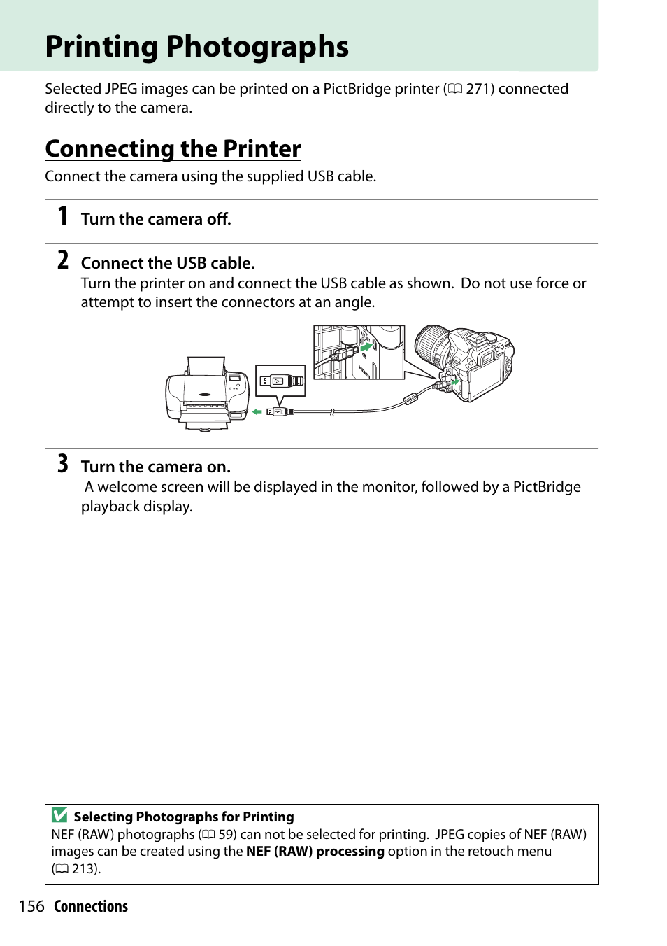 Printing photographs, Connecting the printer | Nikon D5300 User Manual | Page 176 / 300
