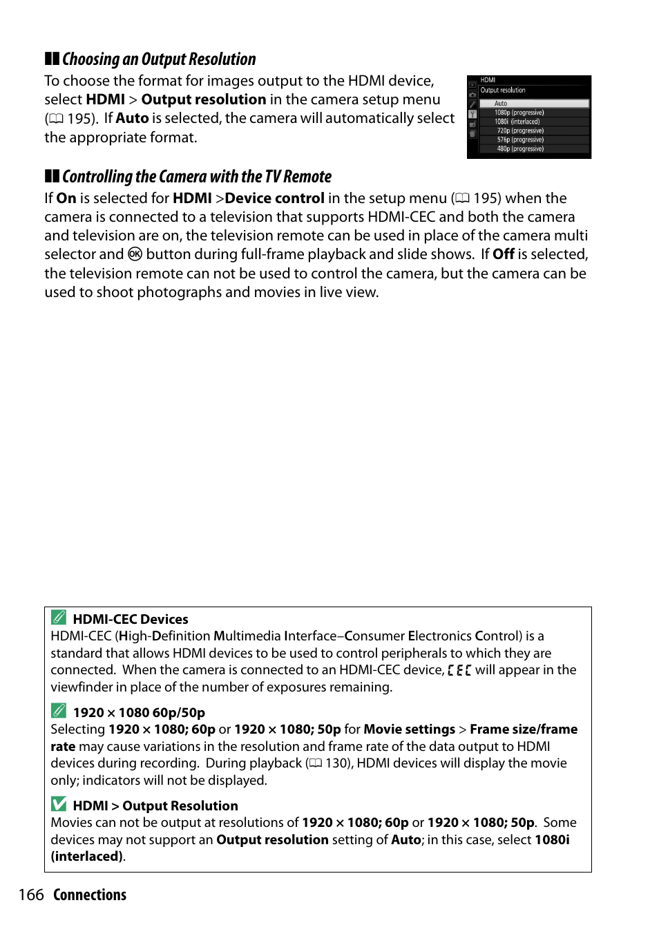 0 166) bef, P menu, Choosing an output resolution | Controlling the camera with the tv remote | Nikon D5300 User Manual | Page 186 / 300