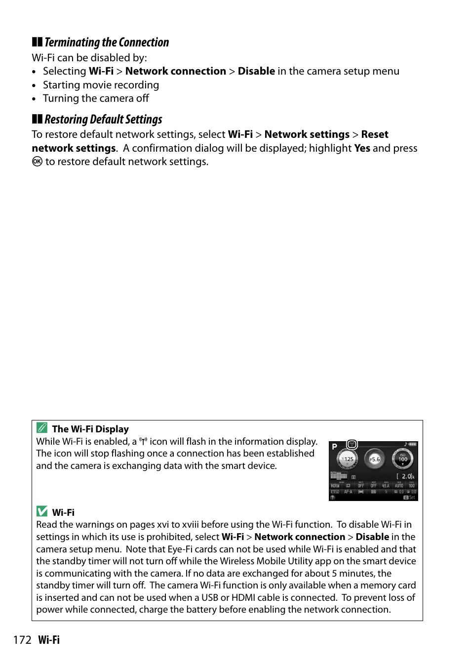 Terminating the connection, Restoring default settings | Nikon D5300 User Manual | Page 192 / 300