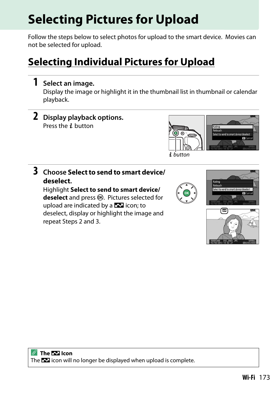 Selecting pictures for upload, Selecting individual pictures for upload | Nikon D5300 User Manual | Page 193 / 300