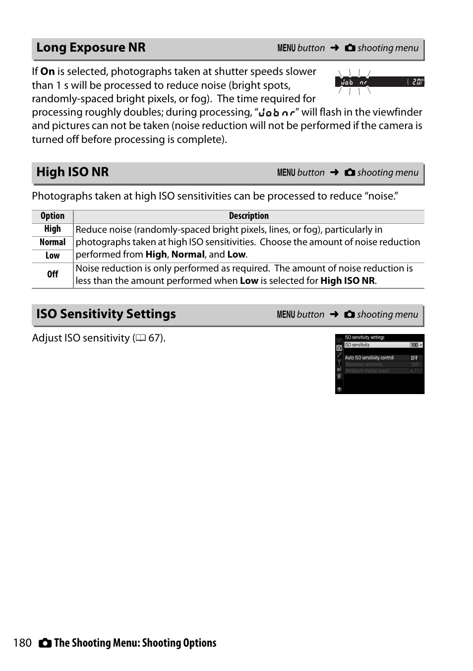 Long exposure nr, High iso nr, Iso sensitivity settings | Nikon D5300 User Manual | Page 200 / 300