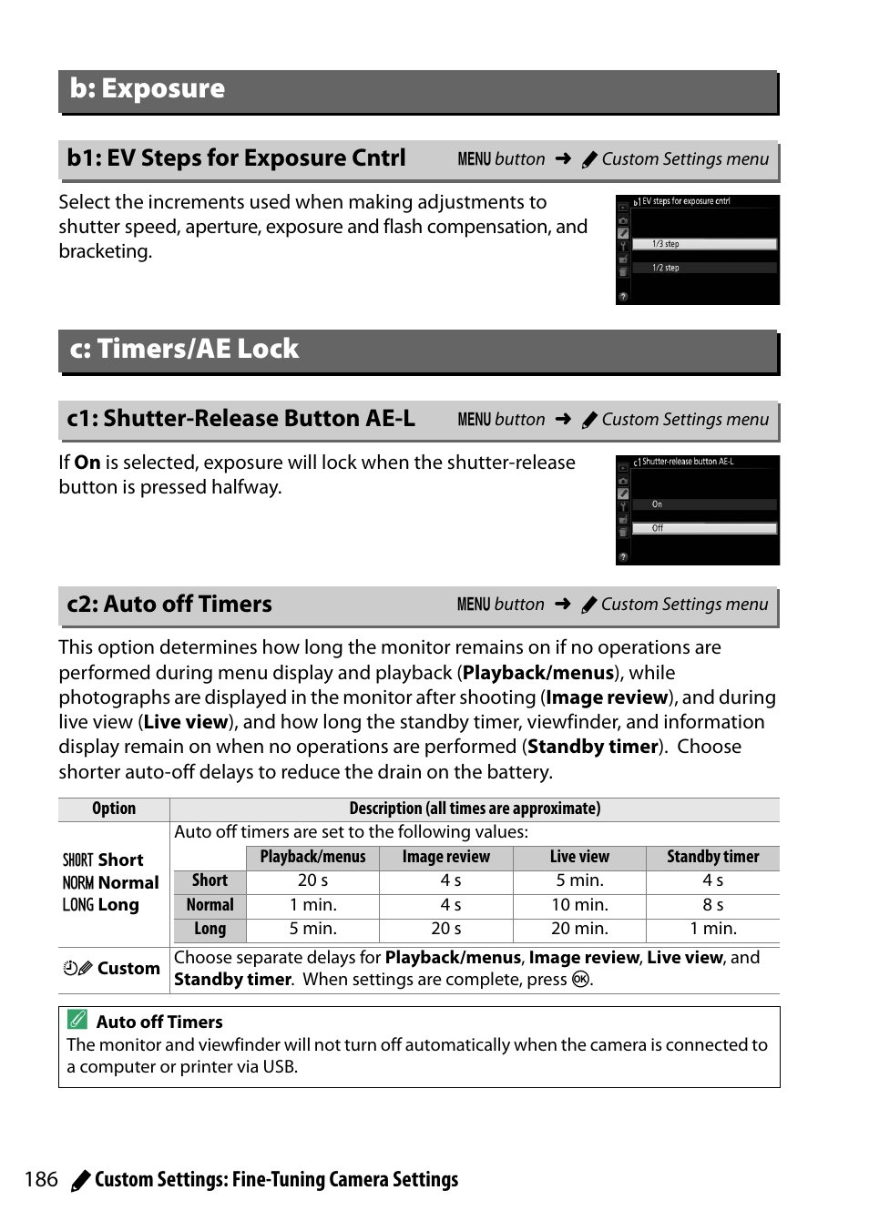 B: exposure, B1: ev steps for exposure cntrl, C: timers/ae lock | C1: shutter-release button ae-l, C2: auto off timers, F timer expires, 0 186) or if | Nikon D5300 User Manual | Page 206 / 300