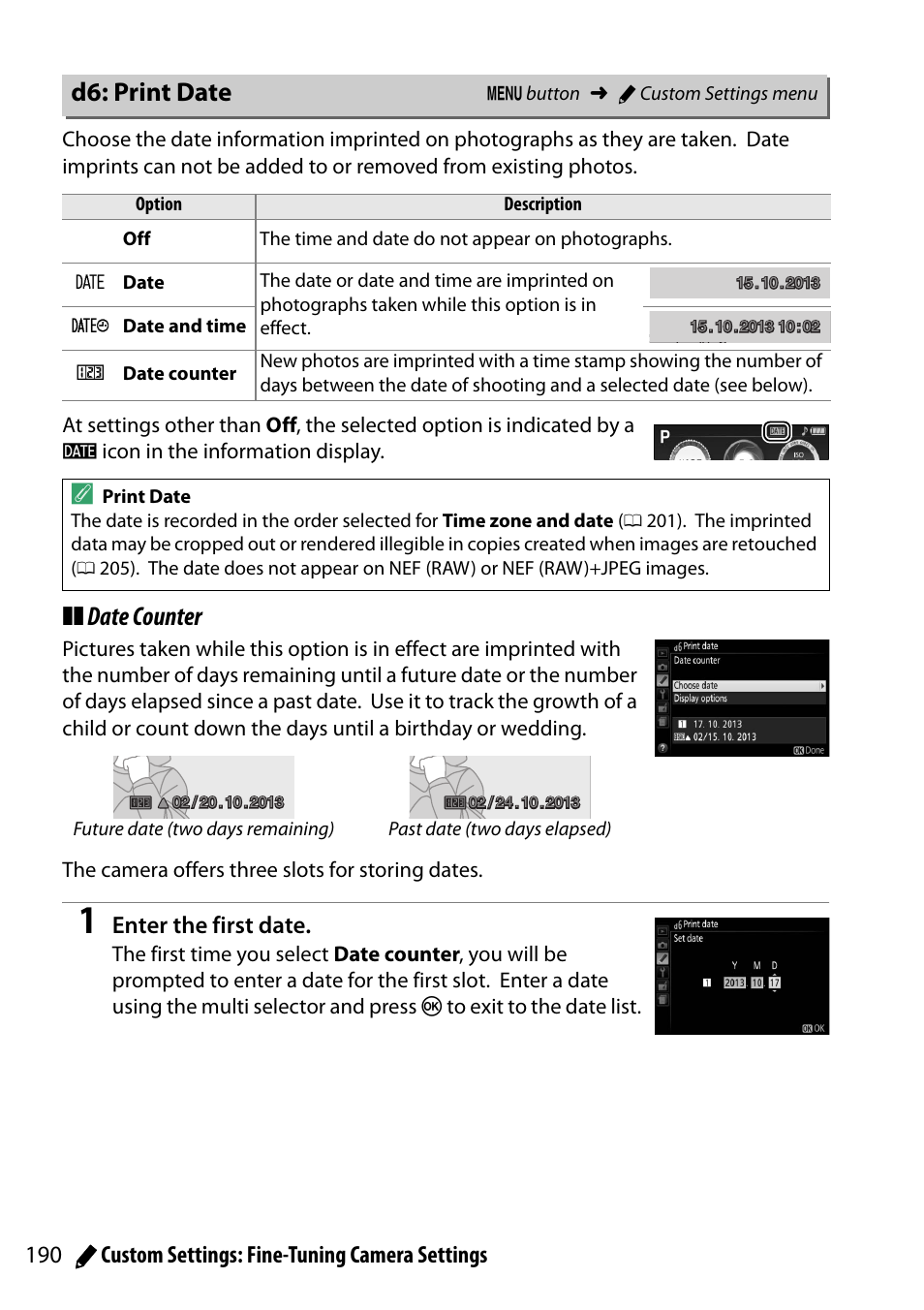 D6: print date, Date (0 190), Date counter | 190 a custom settings: fine-tuning camera settings, Enter the first date | Nikon D5300 User Manual | Page 210 / 300