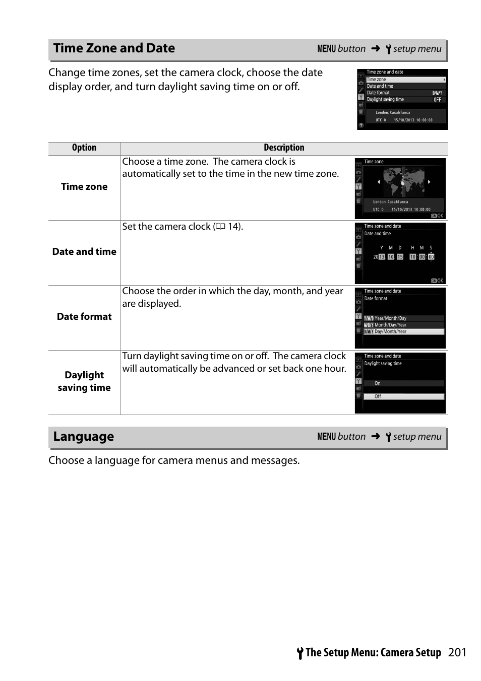 Time zone and date, Language | Nikon D5300 User Manual | Page 221 / 300