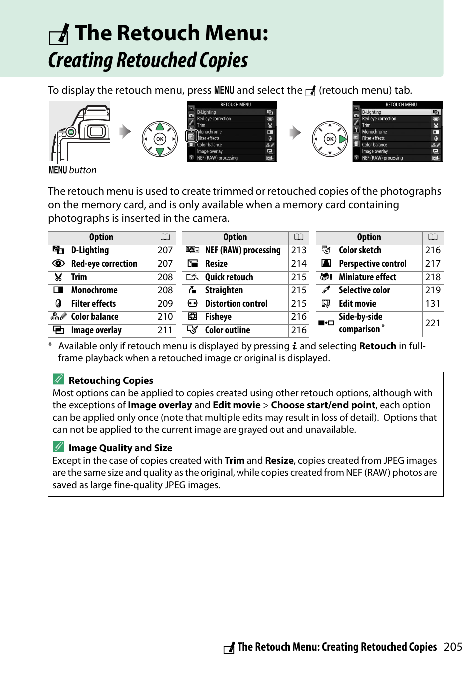 The retouch menu: creating retouched copies, 205), and selec, N the retouch menu: creating retouched copies | Nikon D5300 User Manual | Page 225 / 300