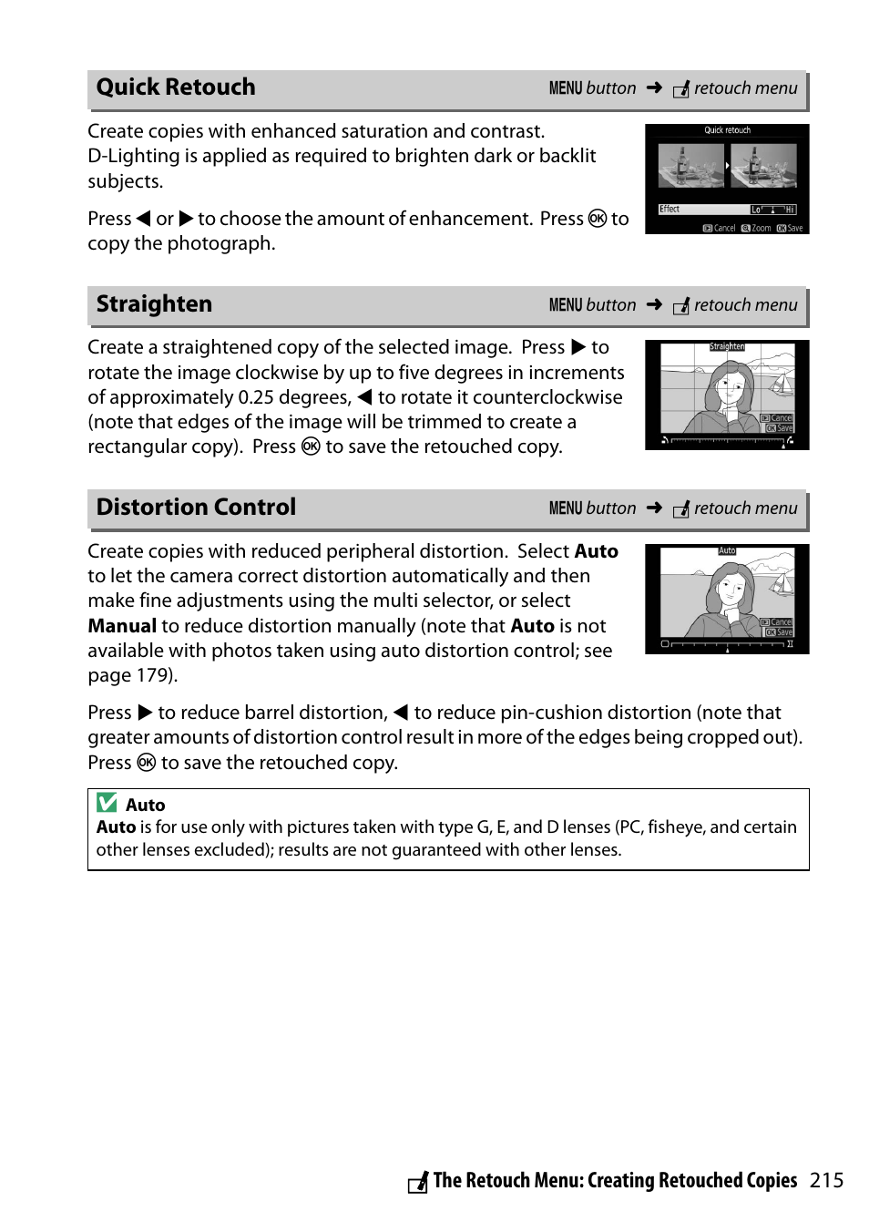 Quick retouch, Straighten, Distortion control | Nikon D5300 User Manual | Page 235 / 300