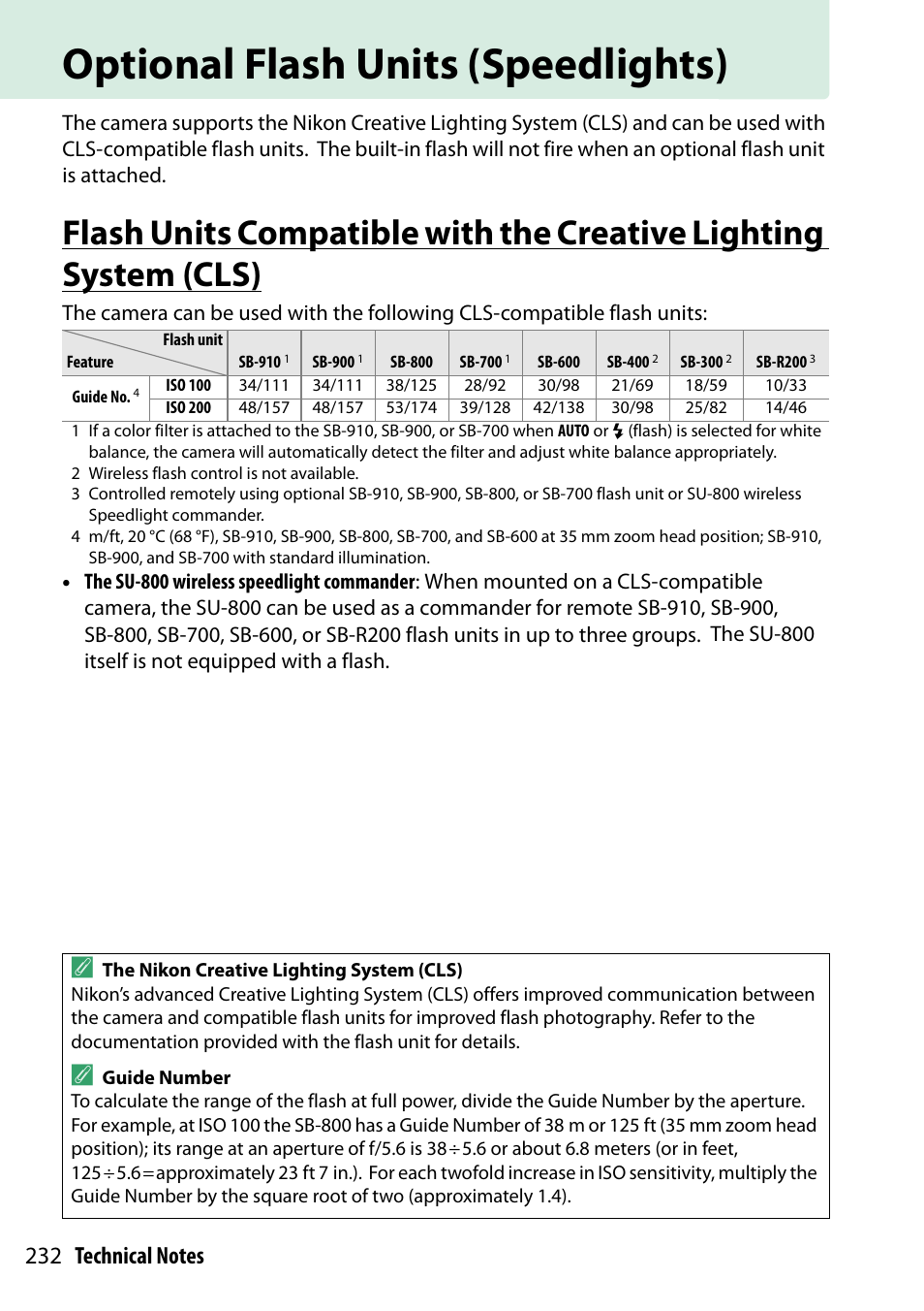 Optional flash units (speedlights), Cls) | Nikon D5300 User Manual | Page 252 / 300