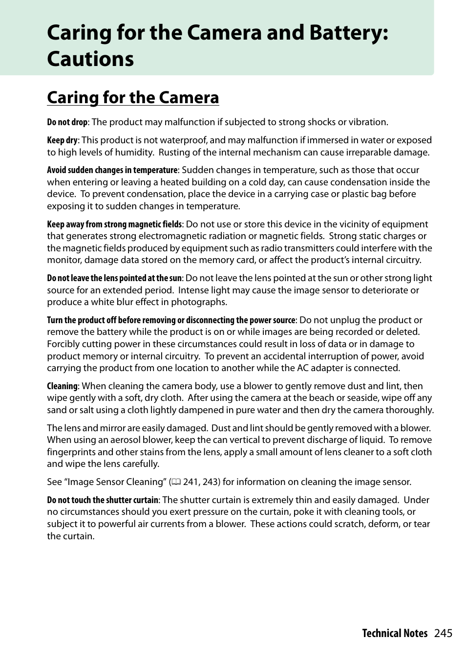 Caring for the camera and battery: cautions, Caring for the camera | Nikon D5300 User Manual | Page 265 / 300