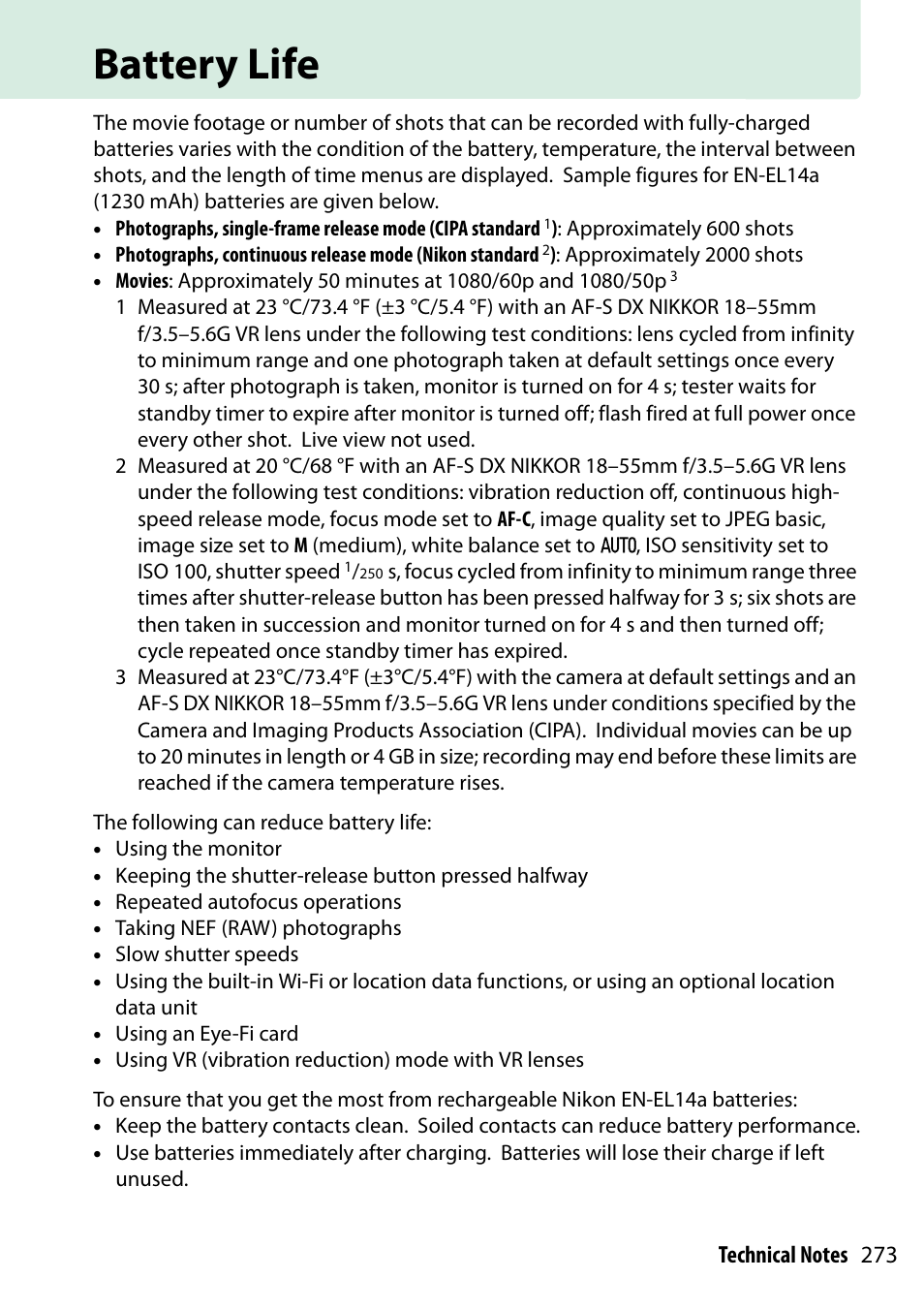 Battery life | Nikon D5300 User Manual | Page 293 / 300