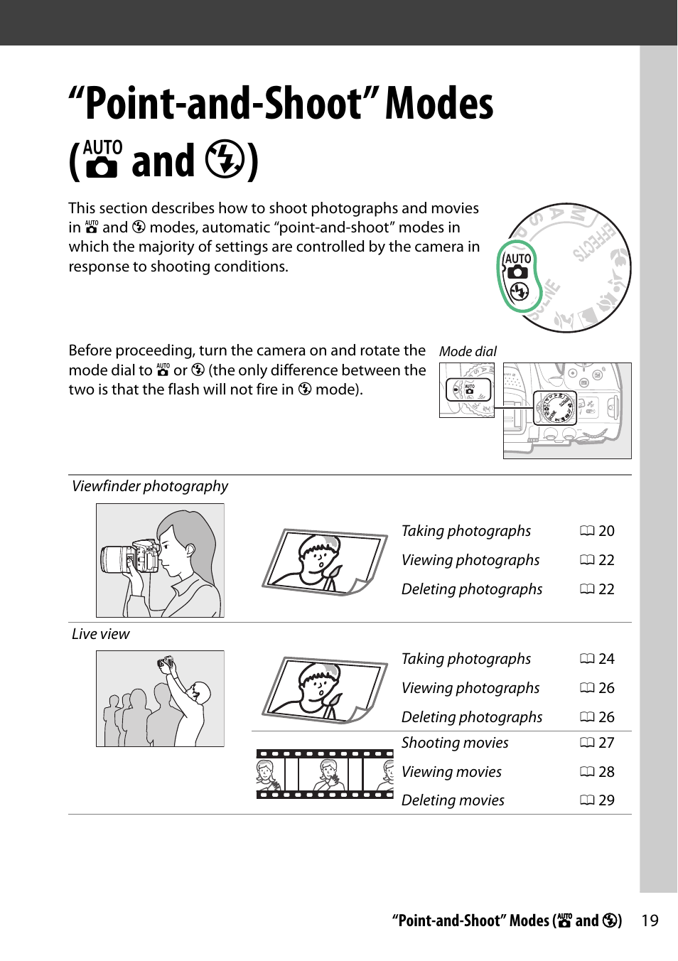 Point-and-shoot” modes (auto and auto (flash off)), Point-and-shoot” modes ( i and j ) | Nikon D5300 User Manual | Page 39 / 300