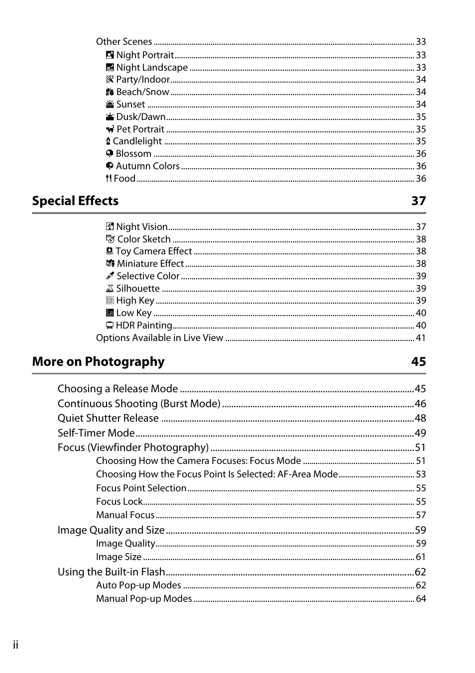 Special effects 37, More on photography 45 | Nikon D5300 User Manual | Page 4 / 300