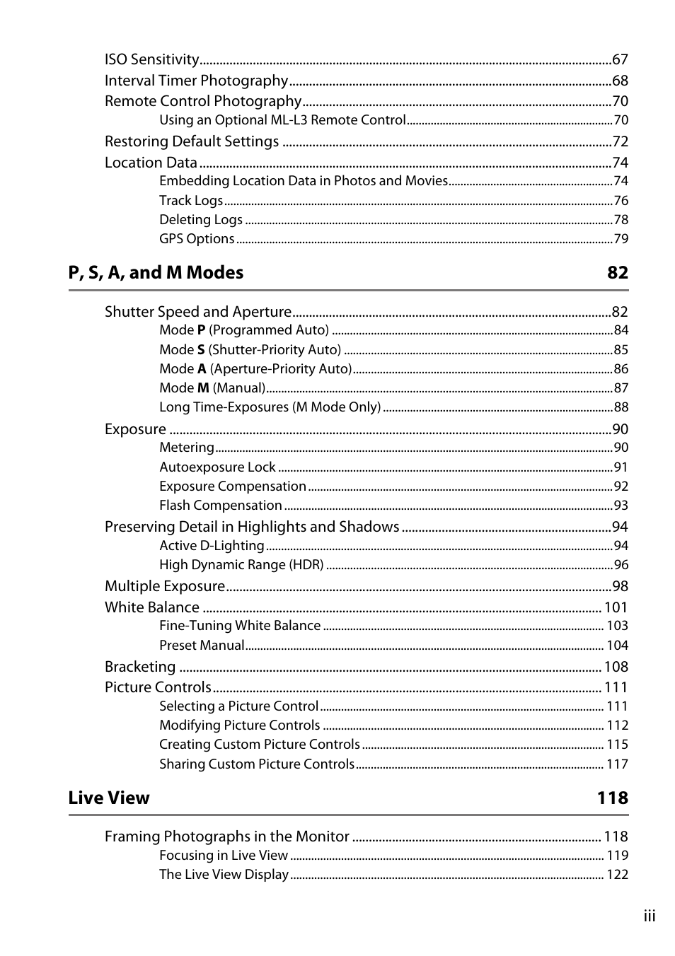 P, s, a, and m modes 82, Live view 118 | Nikon D5300 User Manual | Page 5 / 300