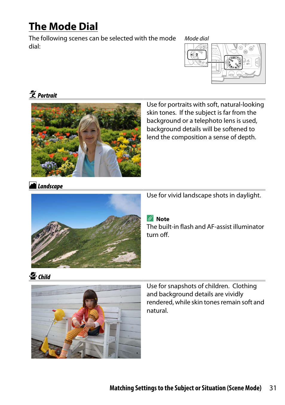 The mode dial, Portrait, Landscape | Child | Nikon D5300 User Manual | Page 51 / 300