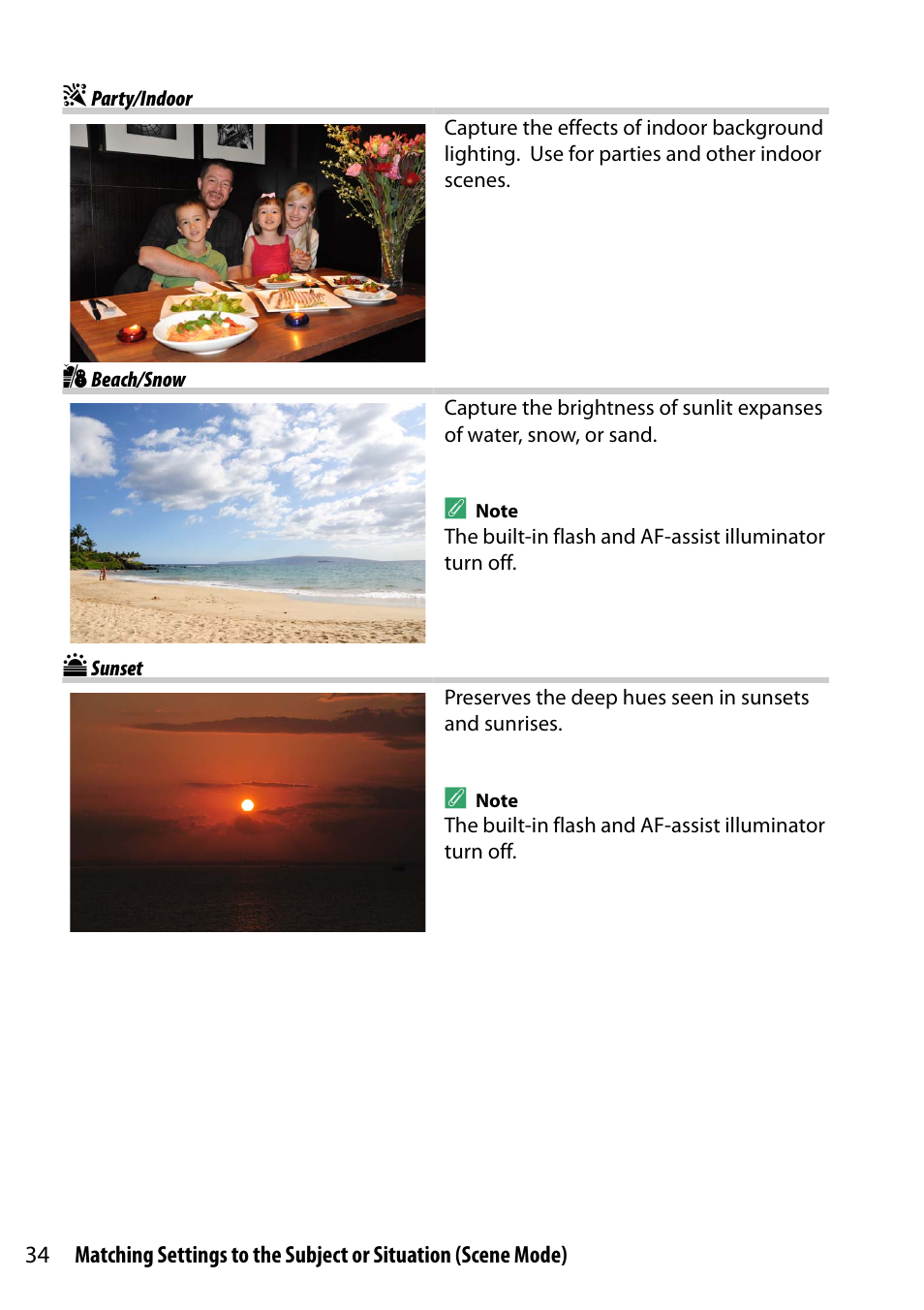 Party/indoor, Beach/snow, Sunset | Nikon D5300 User Manual | Page 54 / 300