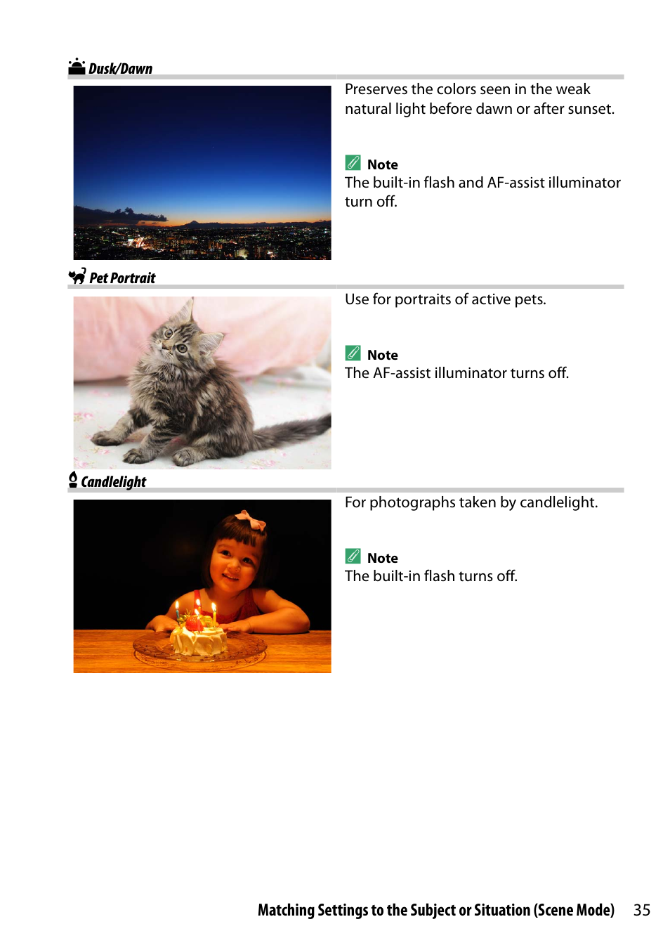 Dusk/dawn, Pet portrait, Candlelight | Nikon D5300 User Manual | Page 55 / 300