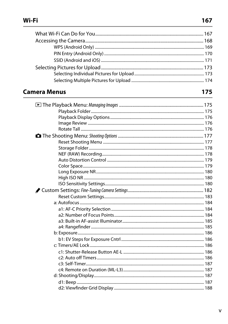 Wi-fi 167, Camera menus 175 | Nikon D5300 User Manual | Page 7 / 300