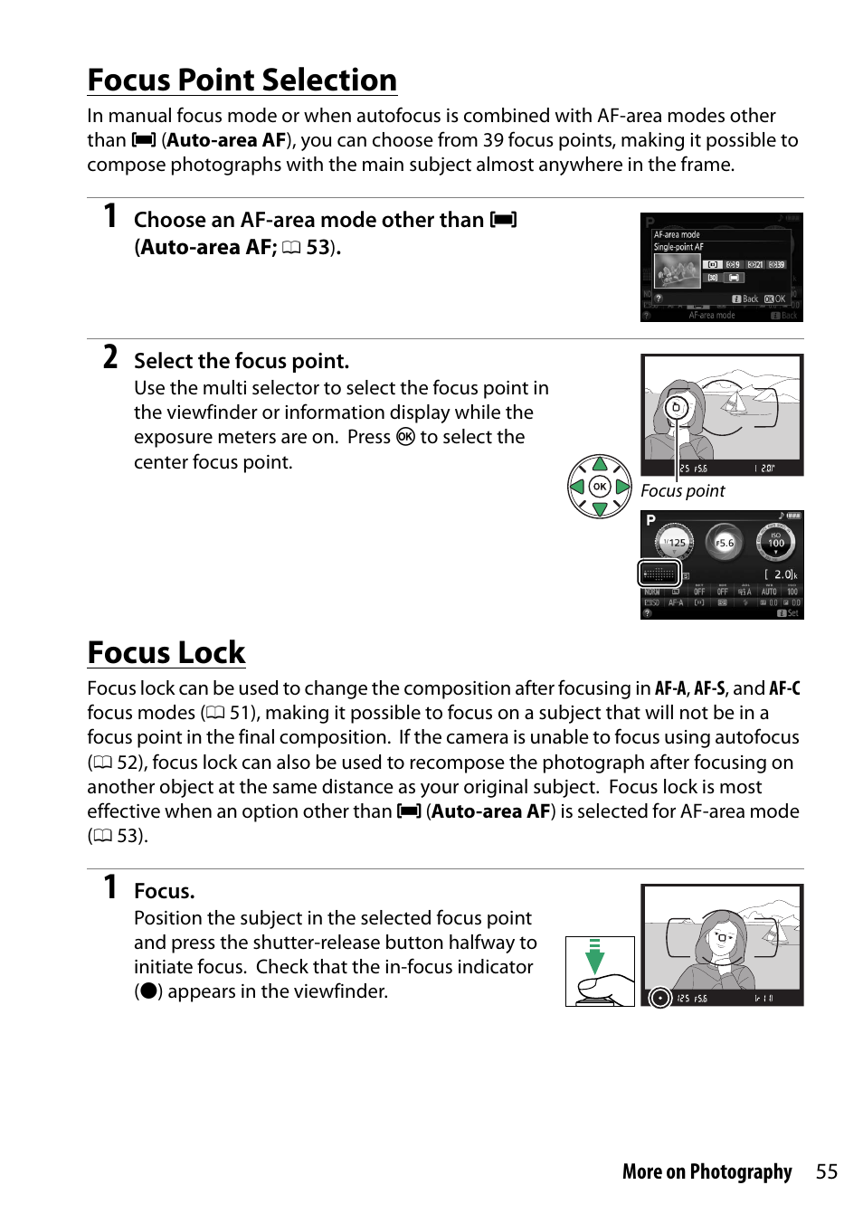 Focus point selection, Focus lock, 0 55), b | Nikon D5300 User Manual | Page 75 / 300