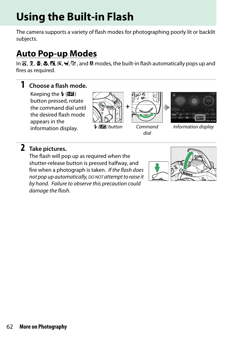 Using the built-in flash, Auto pop-up modes | Nikon D5300 User Manual | Page 82 / 300