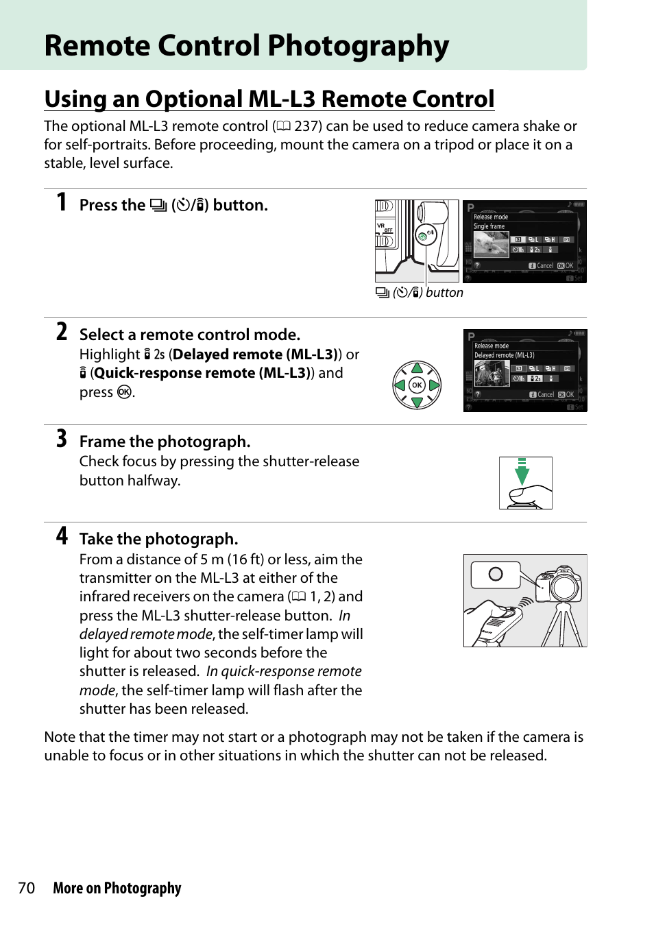 Remote control photography, Using an optional ml-l3 remote control | Nikon D5300 User Manual | Page 90 / 300