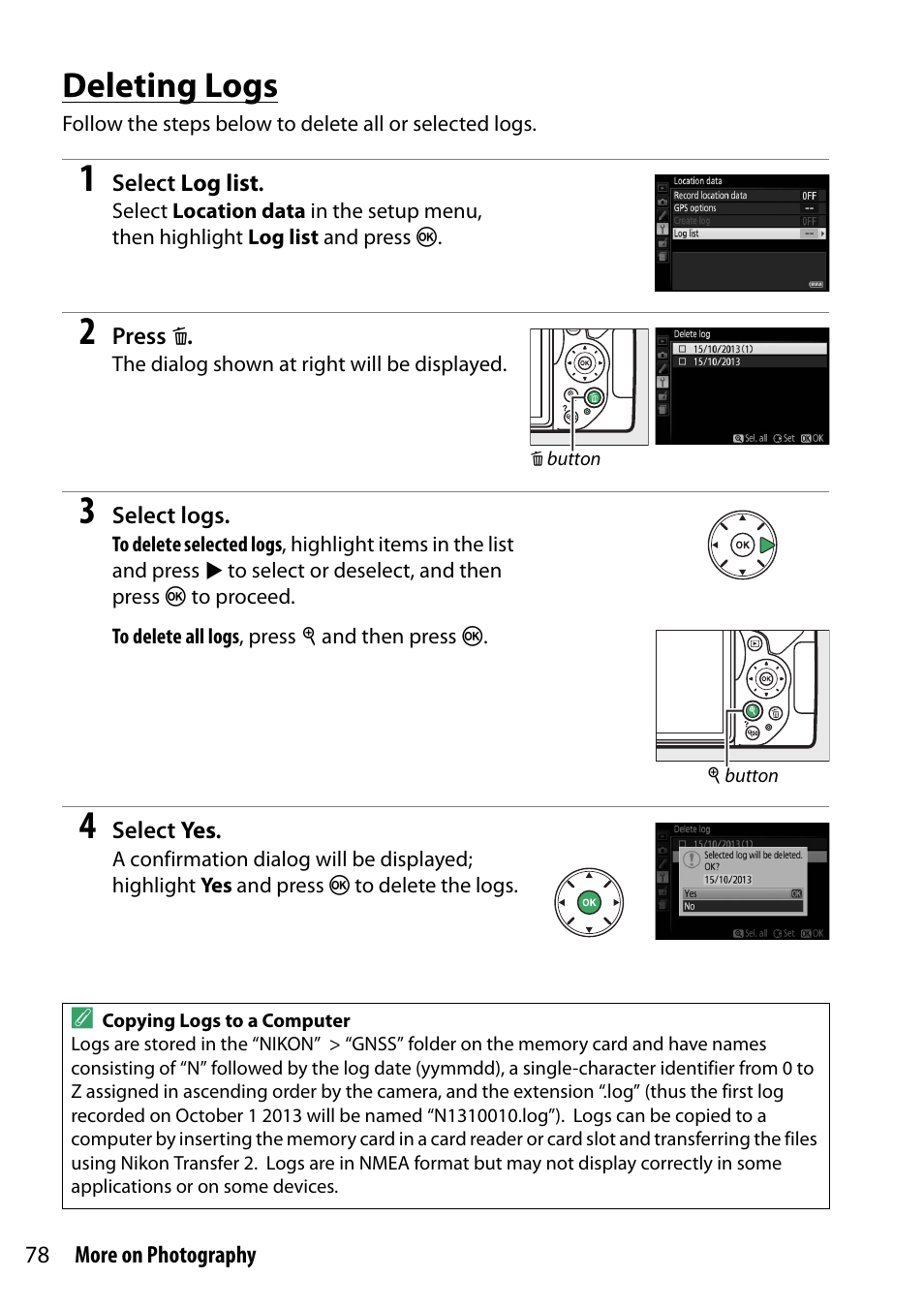 Deleting logs | Nikon D5300 User Manual | Page 98 / 300