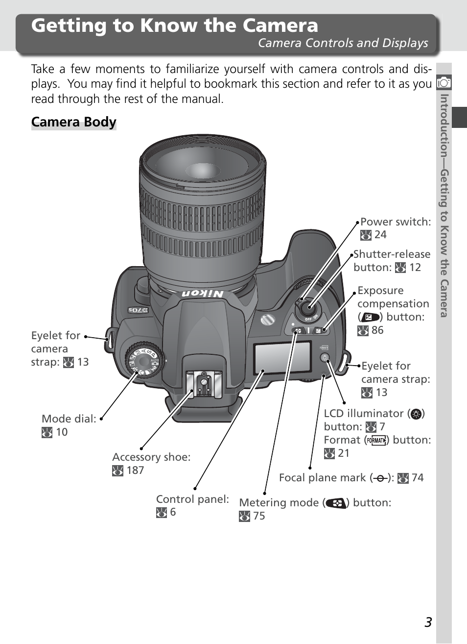 Getting to know the camera, Camera body | Nikon D70S User Manual | Page 13 / 219