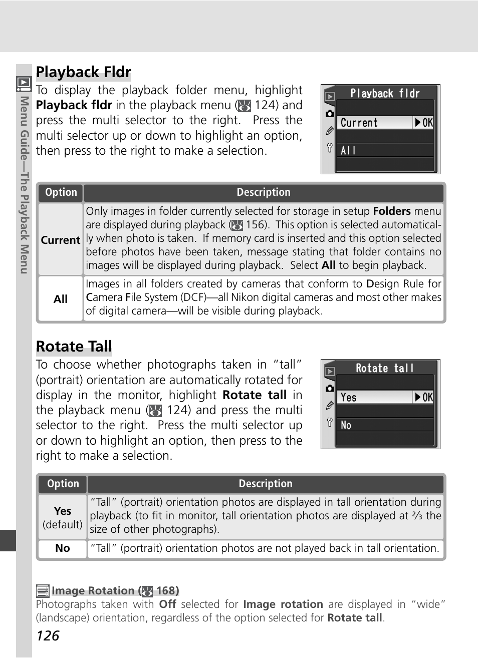 Playback fldr, Rotate tall | Nikon D70S User Manual | Page 136 / 219