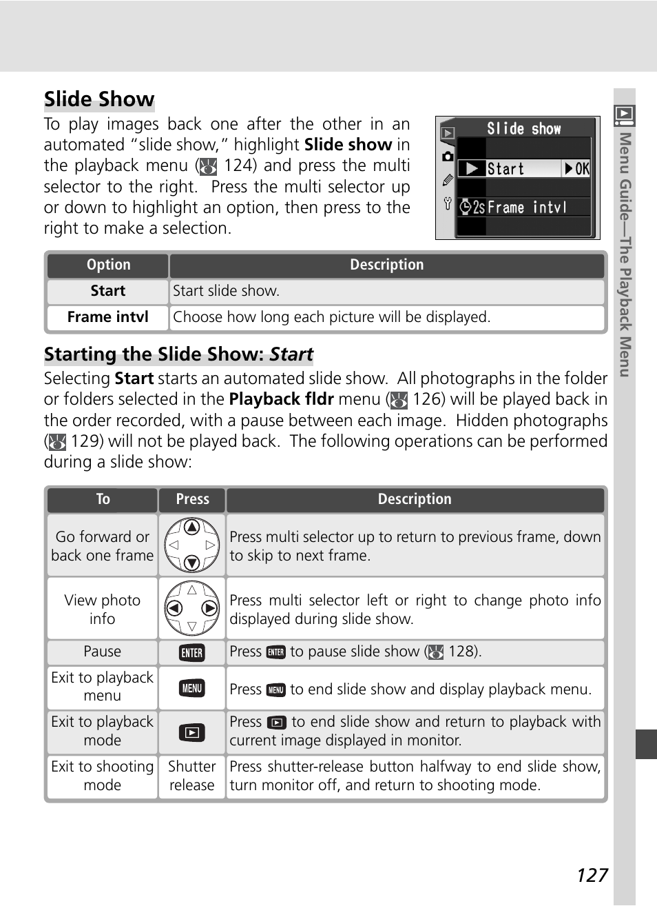 Slide show, Starting the slide show: start | Nikon D70S User Manual | Page 137 / 219