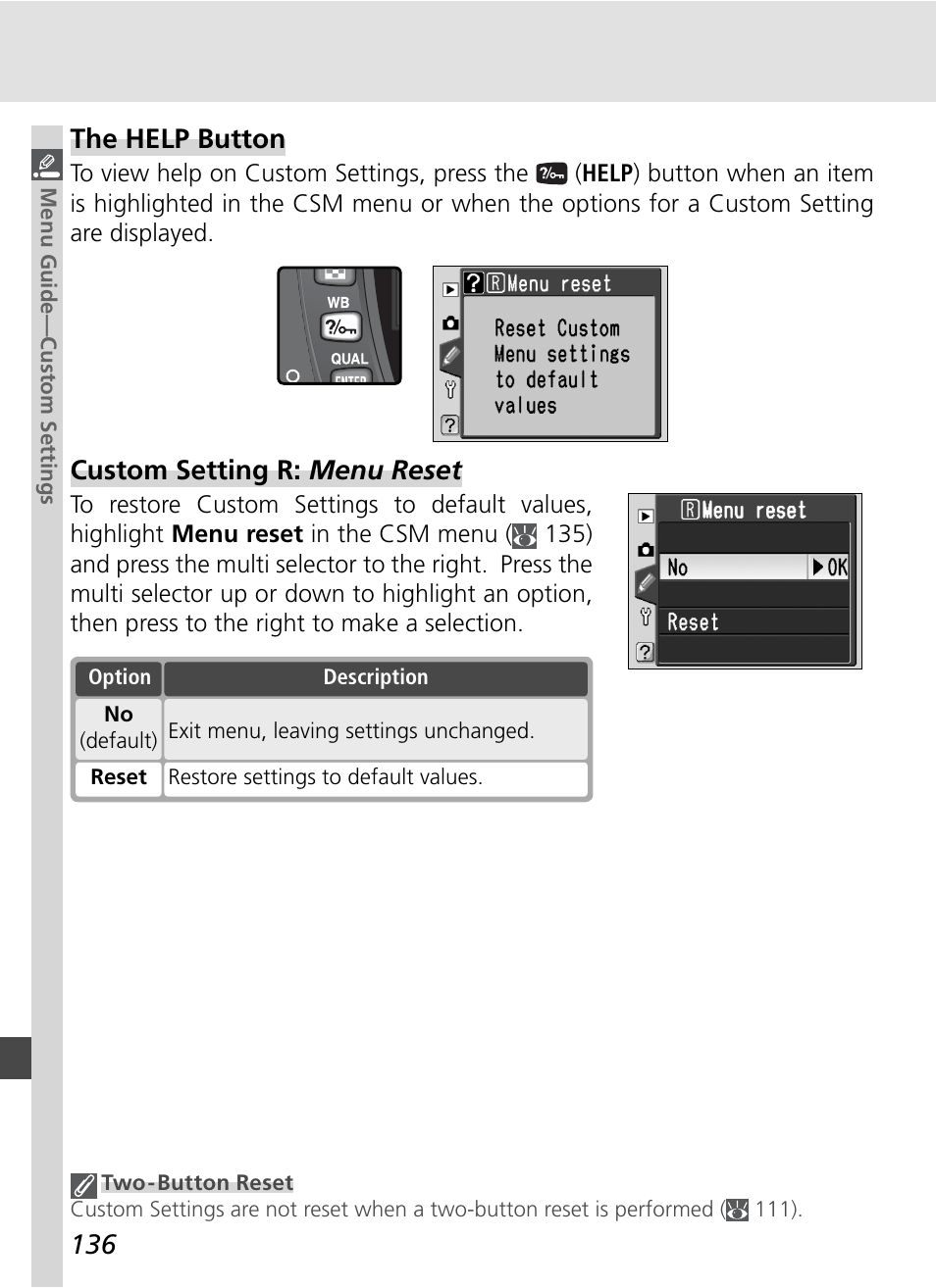 The help button, Custom setting r: menu reset | Nikon D70S User Manual | Page 146 / 219